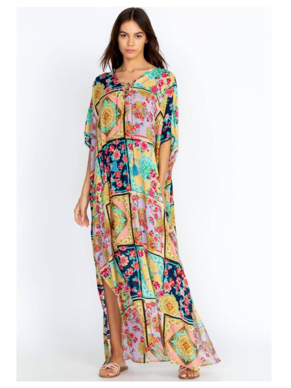 NEW JOHNNY WAS Japer Lace Up Maxi Kaftan Dress, Size XL